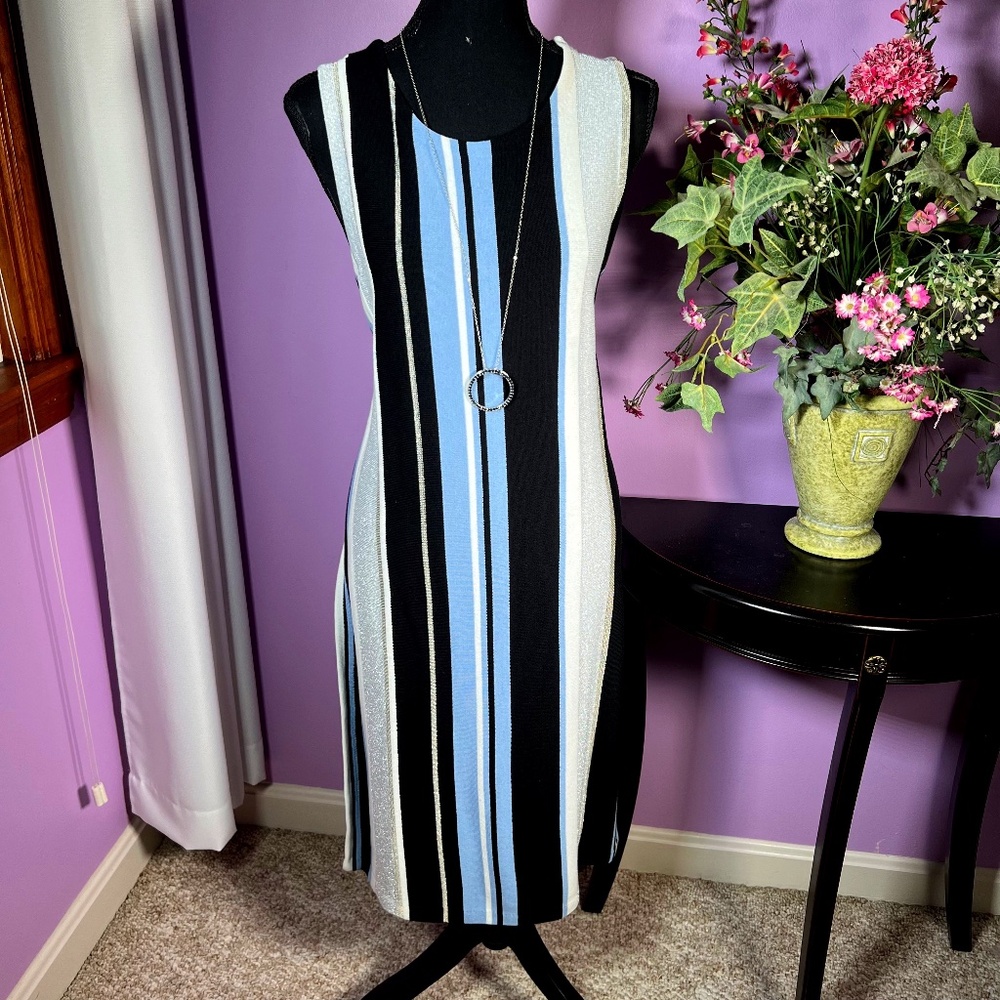 BAR III Blue/Silver/Black Knit Striped Sleeveless Tunic Sweater Dress Sz LG